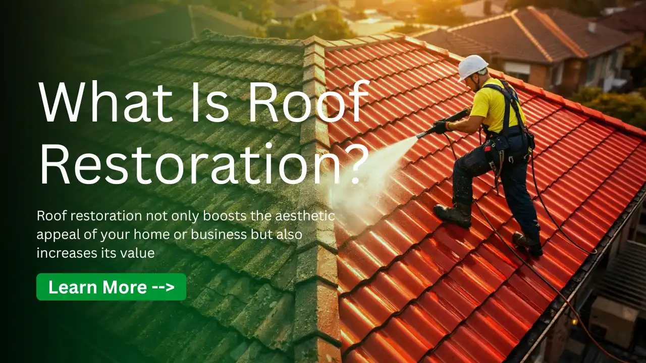 Roofer working on tiled roof with What is Roof Restoration text