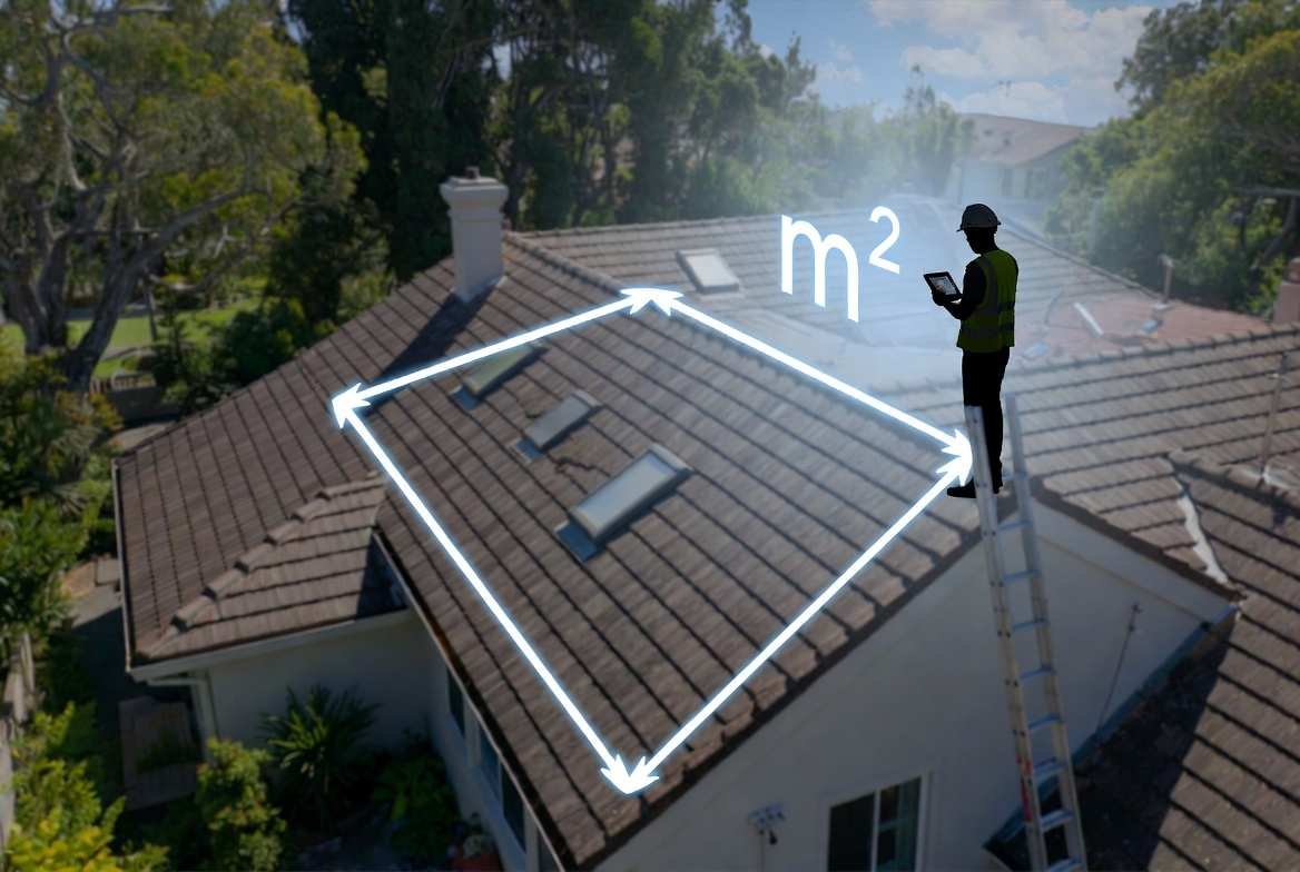 Drone top-down view of Sydney home roof with digital m² measurements