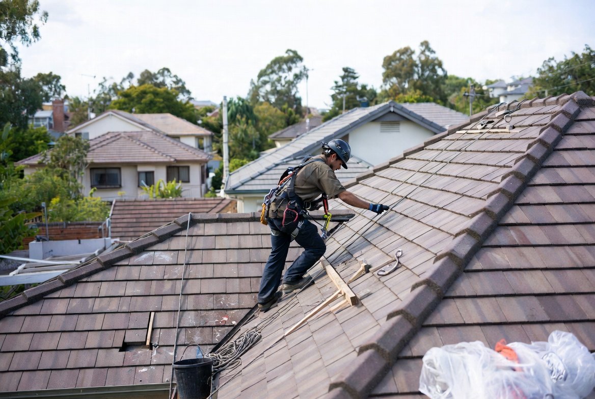 Professional roofer on steep tiled roof in Sydney suburb